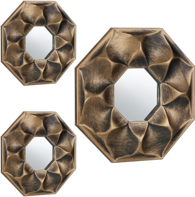 spiegel set van 3 - bloem - achthoekig - 25 cm - wandspiegel - kunststof frame - goud