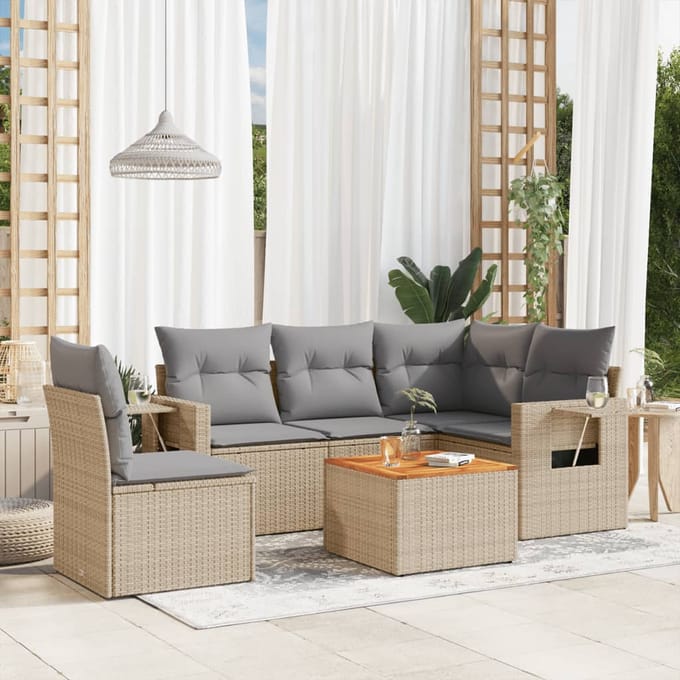 vidaXL - 6-delige - Loungeset - met - kussens - poly - rattan - beige