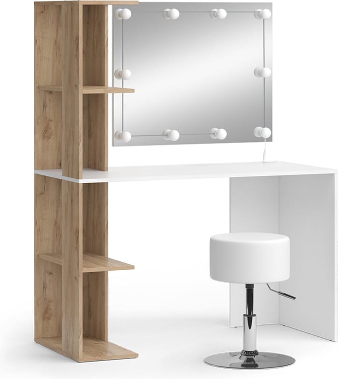 Vicco Kaptafel Tower, Wit/Sonoma, 122.2 cm met spiegel, LED-lichtslinger en kruk