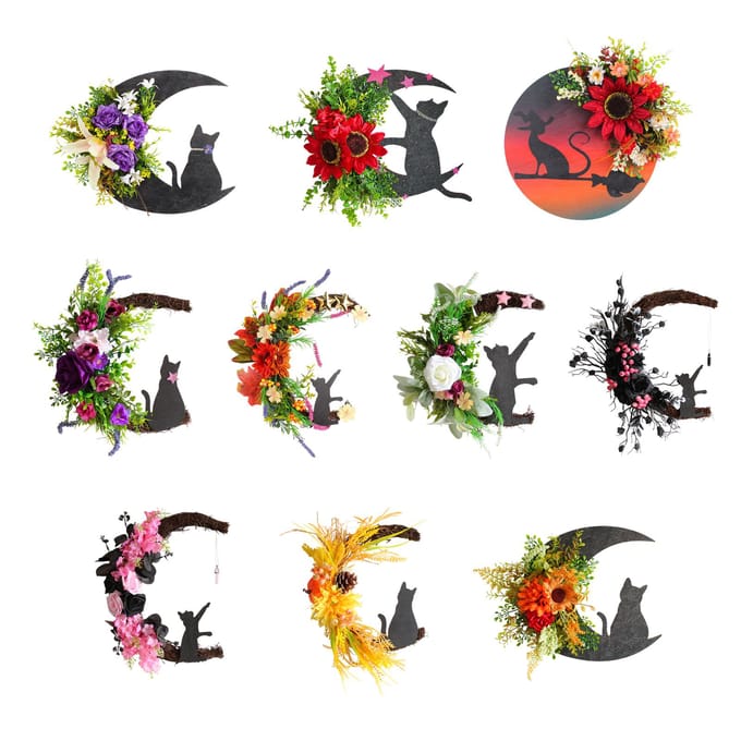 Halloween Maan Kat Krans Deurhanger Decoratie Kunstbloem Halloween Krans black