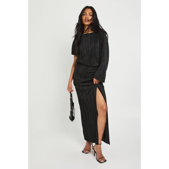 boohoo Dames Plisse Gerufelde Gespleten Maxi Jurk | Black | Maat: 8