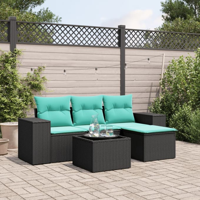 vidaXL - 5-delige - tuinbankset - met - kussens - van - zwart - polyrotan
