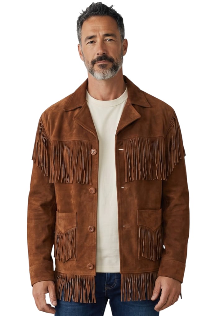 Heren Western Retro Tan Cowboy Leather Fringe Jas - Braga