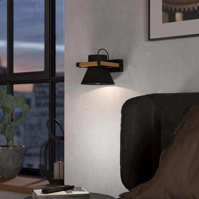 EGLO Maccles Wandlamp - E27 - 18 cm - Zwart/Bruin - Staal/Hout