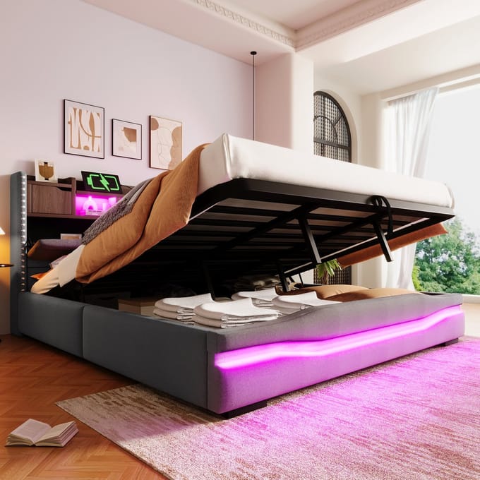 MODFU Gestoffeerd Bed 180x200 cm – Met hydraulische opbergruimte & LED – Linnen – Grijs