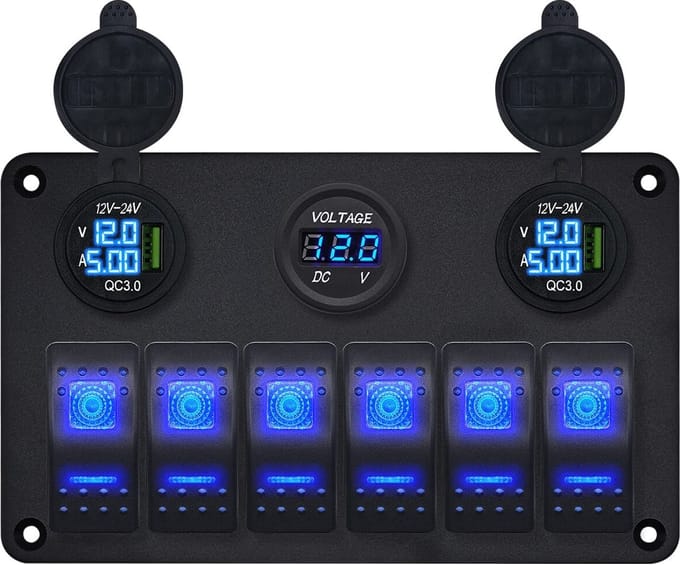 ProRide Schakelpaneel 12V voor Auto/Boot - USB Lader 2 Poorten met Voltmeter/Ampèremeter - QC3.0 - 6 Schakelaars