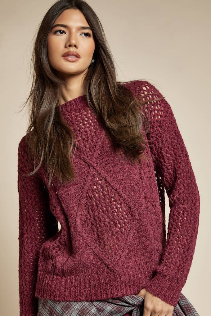 boohoo Dames Gebreide oversized trui met kabeldetails | Burgundy | Maat: Medium