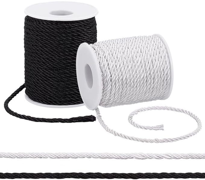 Satijnkoord 50 m - 3 mm - 2 Rollen - Gedraaid Polyester - Wit/Zwart - Perfect voor Feest/Decoratie - Koord