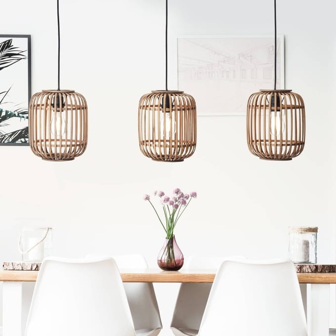 Brilliant Woodrow hanglamp, lengte 105 cm, licht hout, 3-lamps, bamboe