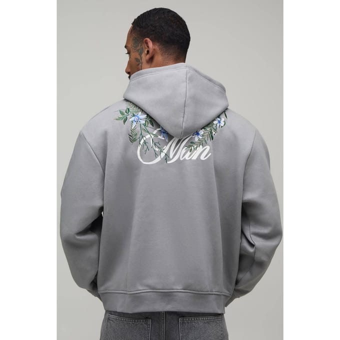Oversized Boxy Hoodie Voor Heren Met Bloemenborduursel | Grey | Size Medium