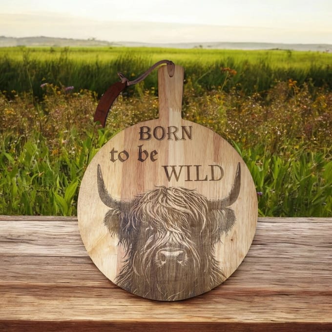 Baardmans Creaties - Luxe plantaardig geoliede serveerplank rond - Schotse hooglander - born to be wild