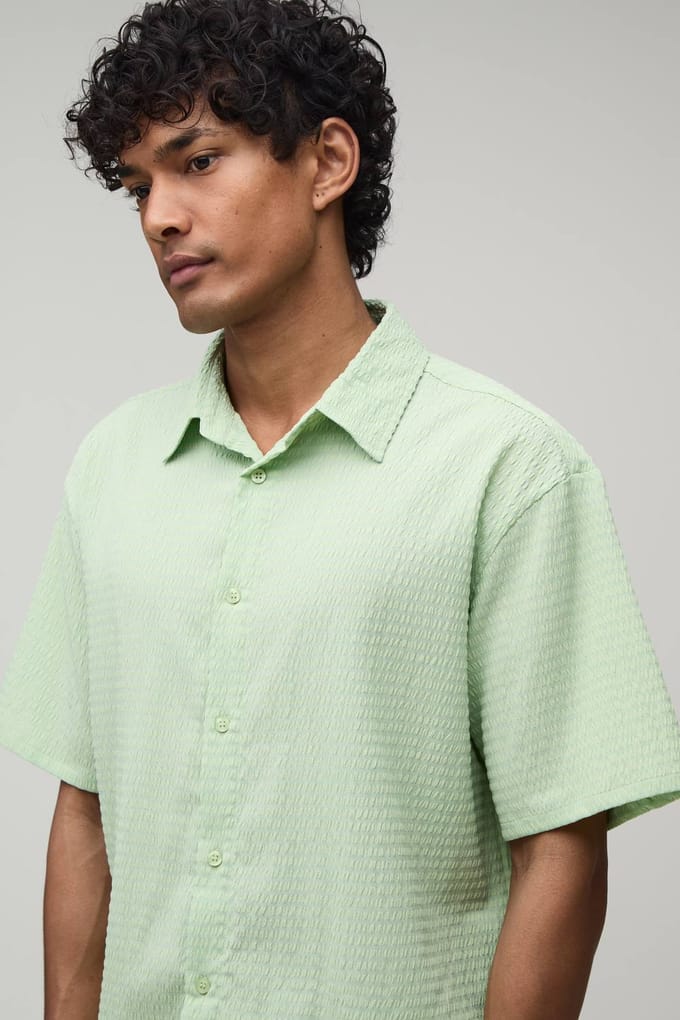 Gestreept Seersucker Oversized Boxy Shirt & Relaxed Short Set | Sage | Size Medium