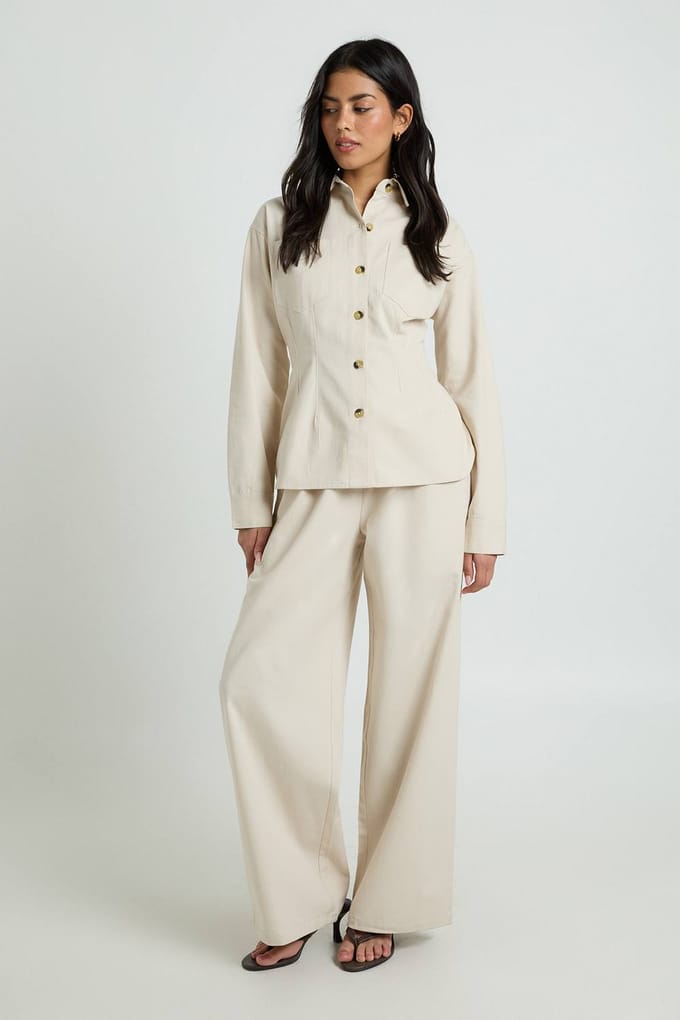 boohoo Dames Chambray Wijde Pijpenbroek Met Trekkoord | Ecru | Maat: 36