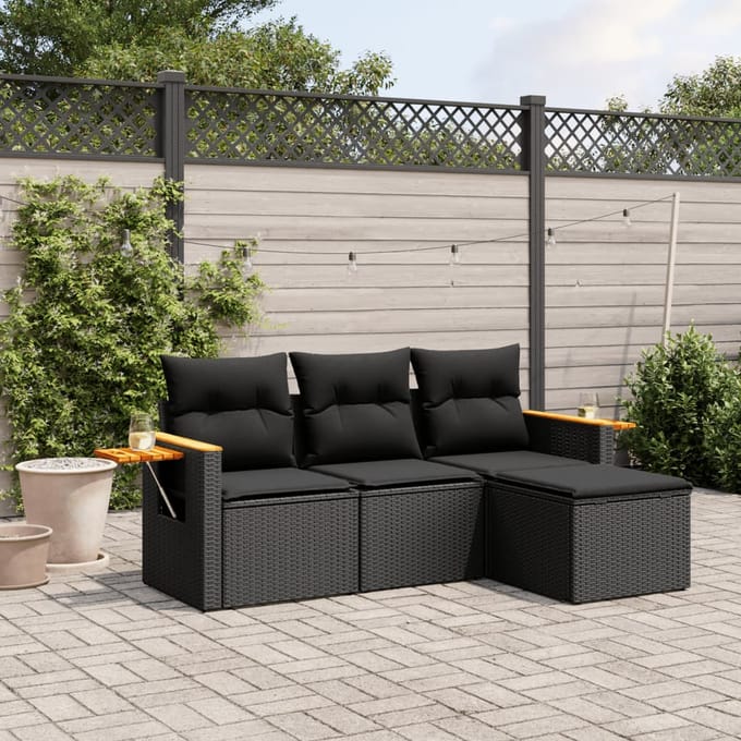 vidaXL - 4-delige - Loungeset - met - kussens - poly - rattan - zwart