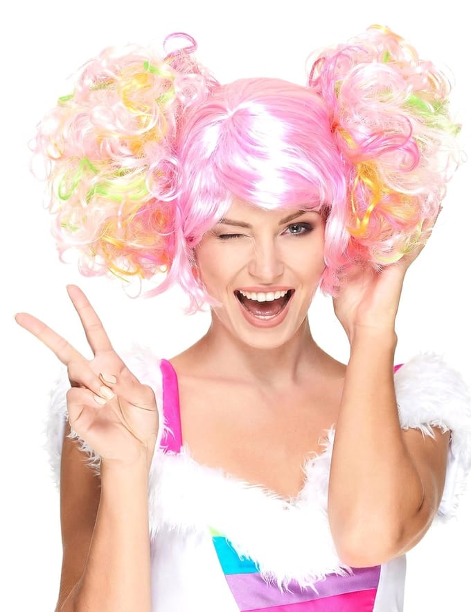 "Licht roze pruik met gekleurde krulstaarten - Verkleedpruik - One size"