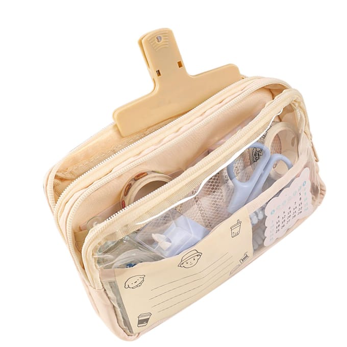 Transparante Etui 3 Lagen Grote Capaciteit Doorzichtig Etui Draagbaar Multifunctioneel Schattig beige