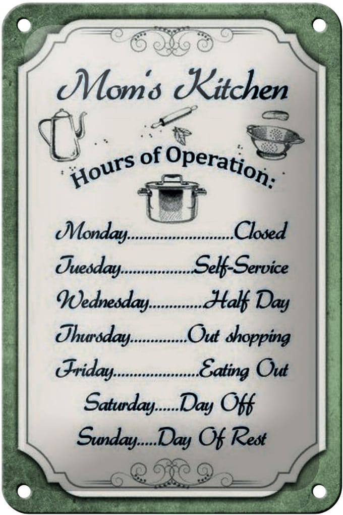 Blechschild Spruch 12x18cm Mom`s Kitchen Hours Operation