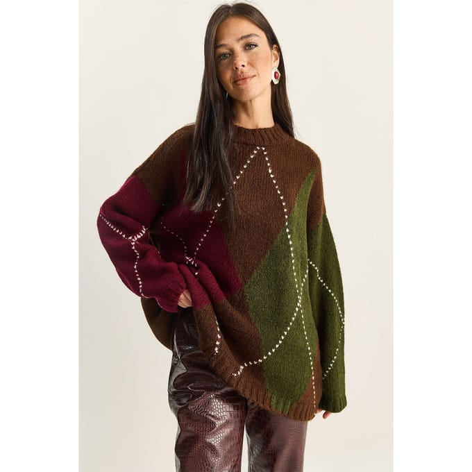 Oversized Gebreide Ruitpatroon Trui