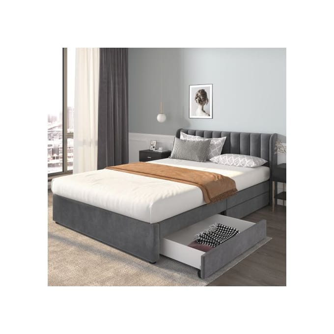Lit - MUVOE - 160 x 200 cm - Velours gris - 2 tiroirs - Sommier à lattes gris