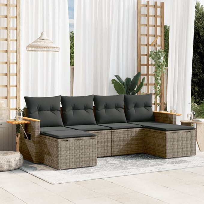vidaXL - 6-delige - Loungeset - met - kussens - poly - rattan - grijs