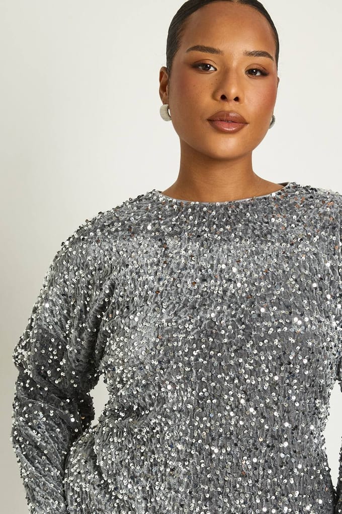 boohoo Dames Plus Pailletten Batwing Shiftjurk | Silver | Maat: 18