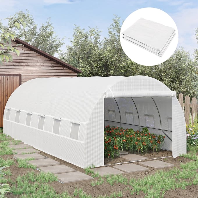 MODFU Tuinkasfolie – 600x300x200 cm – Met oprolbare deur en 12 ramen – UV-bestendig en scheurvast – Polyethyleen – Wit