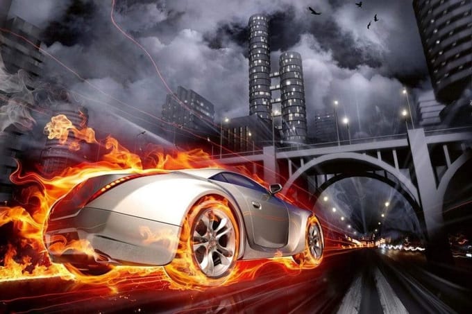 Fotobehang - Car in Flames 375x250cm - Vliesbehang