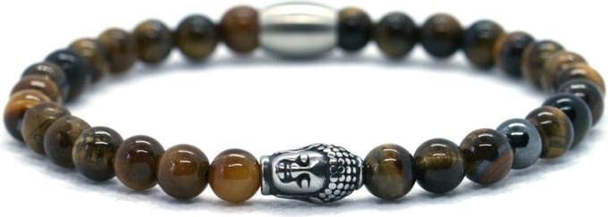 Heren armband - tijgeroog 6mm - buddha RVS
