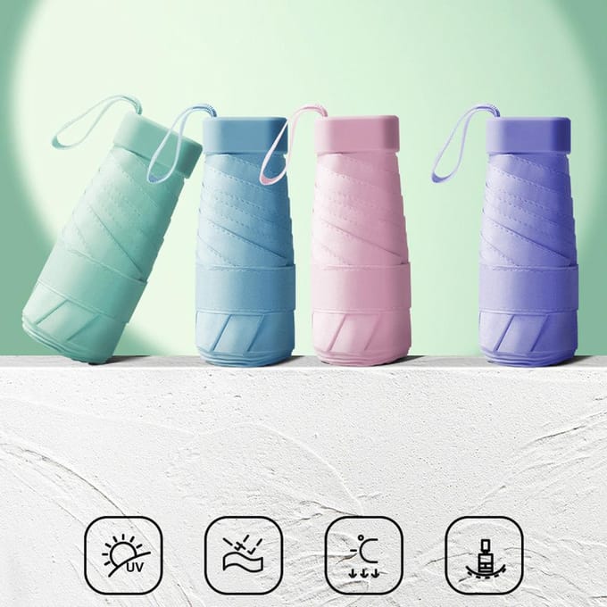 Mini-reiszonneparaplu Waterdichte opvouwbare paraplu Capsulevormparaplu met koffer wit