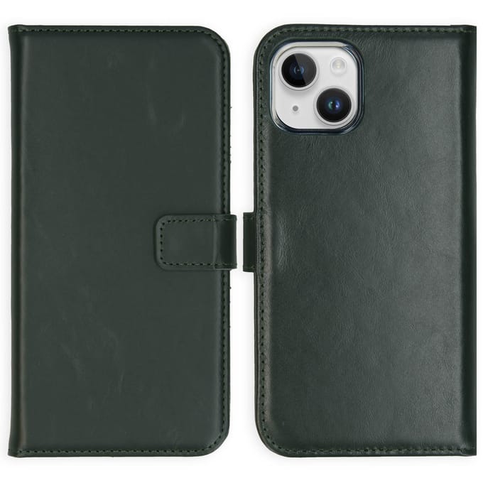 Selencia Hoesje - Geschikt voor Apple iPhone 15 Plus - Echt Lederen Bookcase - Groen