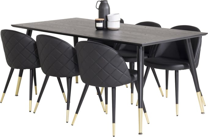 Dipp180x90BLBR eethoek eetkamertafel zwart en 6 Velvet eetkamerstal PU kunstleer zwart.