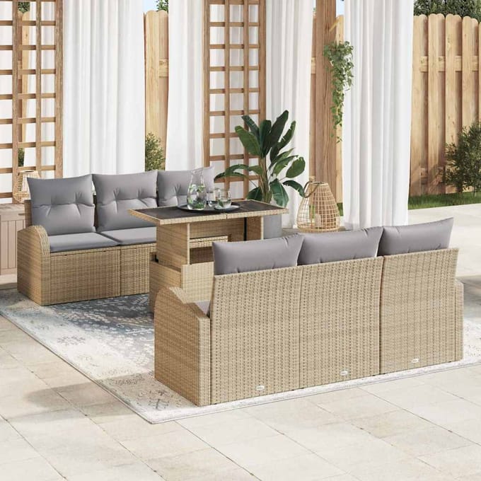 vidaXL Tuinbank Set met kussen met opslag 7 pcs Beige Poly Riet