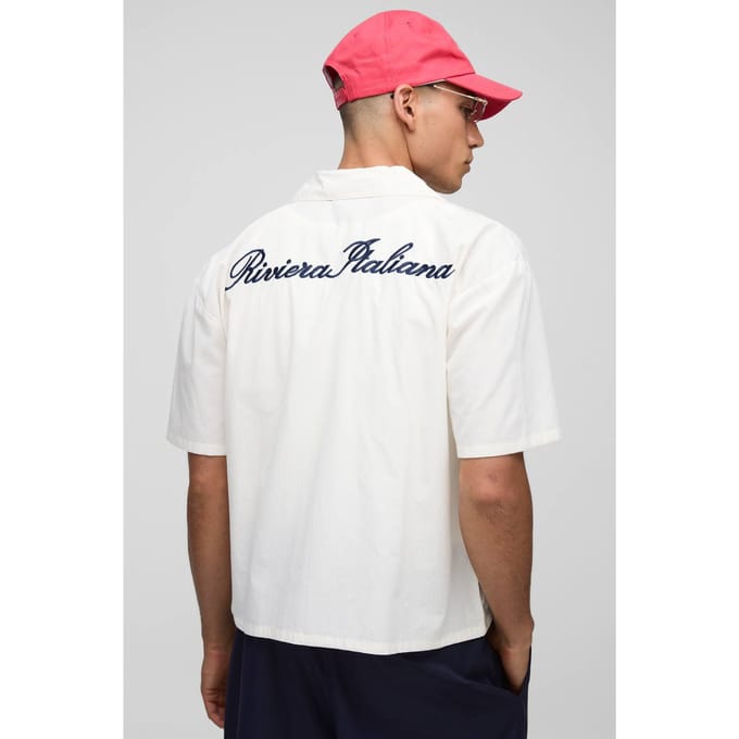 Oversized Boxy Stripe Riviera Italiana Embroidered Revere Shirt | Ecru | Size Medium