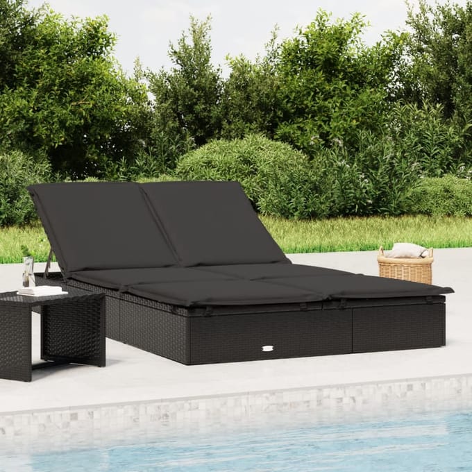 vidaXL - Ligbed - met - kussens - 2-persoons - poly - rattan - zwart