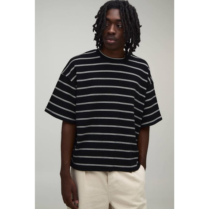 Oversized Boxy Gestreept Wafel T-shirt | Black | Size Medium