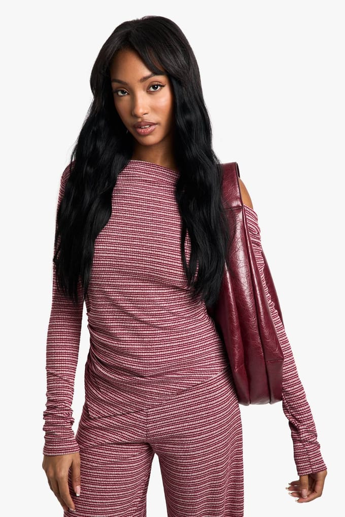 boohoo Dames Gestreepte jersey slordige off-shoulder top | Red | Maat: 12