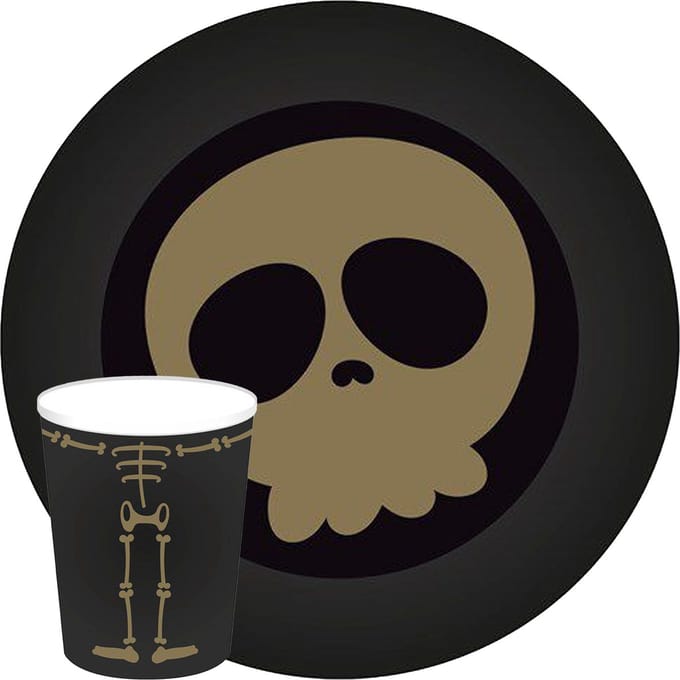 Halloween/horror doodshoofd/schedel servies set - bordjes bekertjes - 32x - zwart - papier
