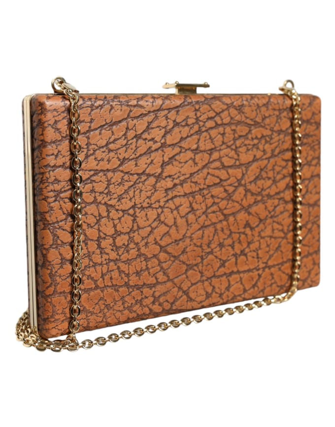 Bruine Lederen Clutch Mini Schoudertas met Gouden Frame