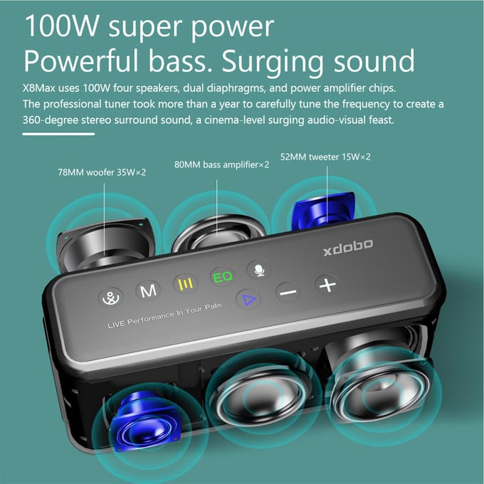 XDOBO X8 MAX haut-parleur sans fil Portable 100W avec technologie BT5.0 haut-parleurs étanches IPX5 TWS noir