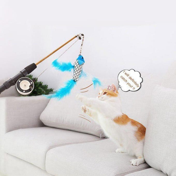 Jouets pour Chats Forme de Poisson Plumes Télescopiques Bâton pour Chat Simulation Canne à Pêche Chaton Jouet Amusant Jouet Interactif Baguette pour Chat 1pcs white