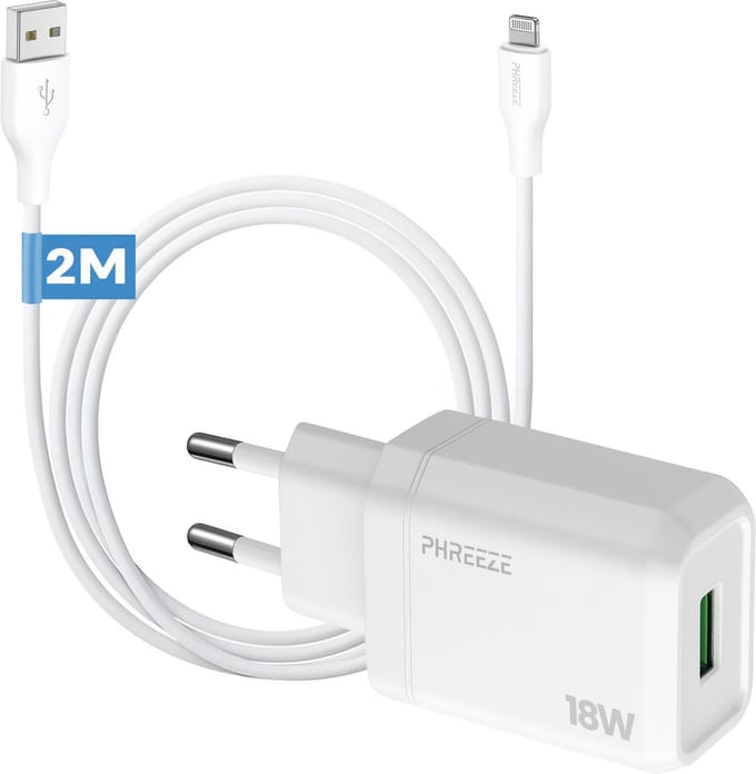 Phreeze usb lader geschikt voor iPhone en iPad met Lightning kabel - 2 meter lange usb kabel voor 14 13 12 11 x 7 6 pro plus max - 5 V 3 A usb adapter