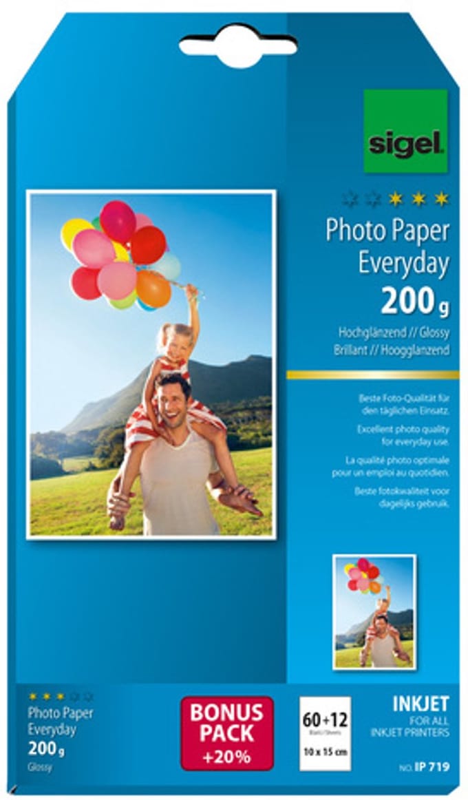Inkjetfotopapier Sigel 10x15 - Everyday+ 200grs wit 60+12 vel