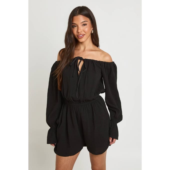 boohoo Dames Gestructureerde Bardot Blouson Playsuit | Zwart | Maat: 36