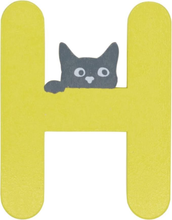 Houten Letter H Geel met Kat | 9 cm