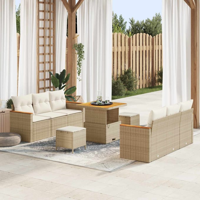 vidaXL - Tuinbank - Set - 9 - pcs - Beige - poly - rattan