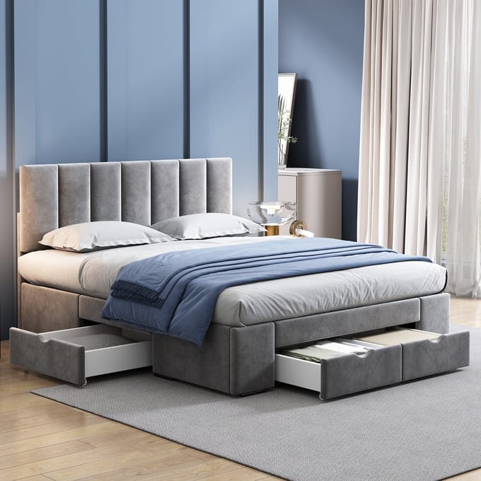 Gestoffeerd Bed - 140x200 cm - Met Lattenbodem en 4 Lades - Fluweel - Grijs