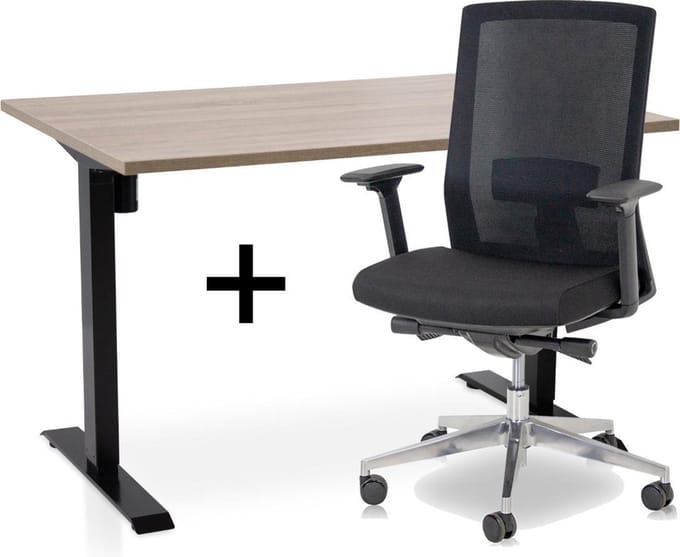 Zit-sta bureau elektrisch verstelbaar +  ERGO Bureaustoel | ARBO EASY Thuiswerkset | frame bureau zwart - bureaublad midden eiken| 140x80 cm