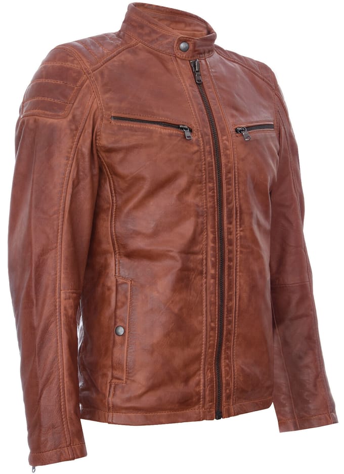 Marineblauw leren vintage gewatteerd racefietsjack met rits