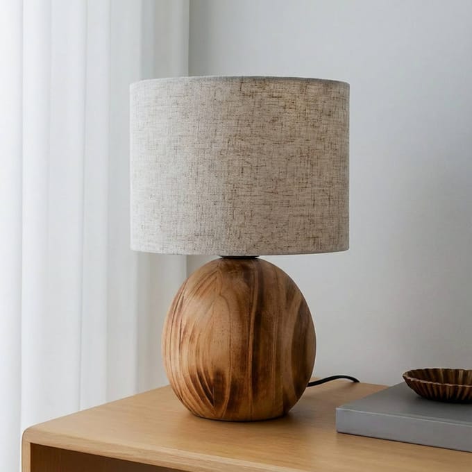 Lindby - Tafellamp - 1licht - Hout, textiel - H: 31 cm - E27 - Licht hout, lichtgrijs