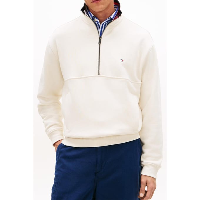 Tommy Hilfiger Flag 1/4 Zip Ivory Petal Größe: M | Pullover Outlet | Herren | Weiß
